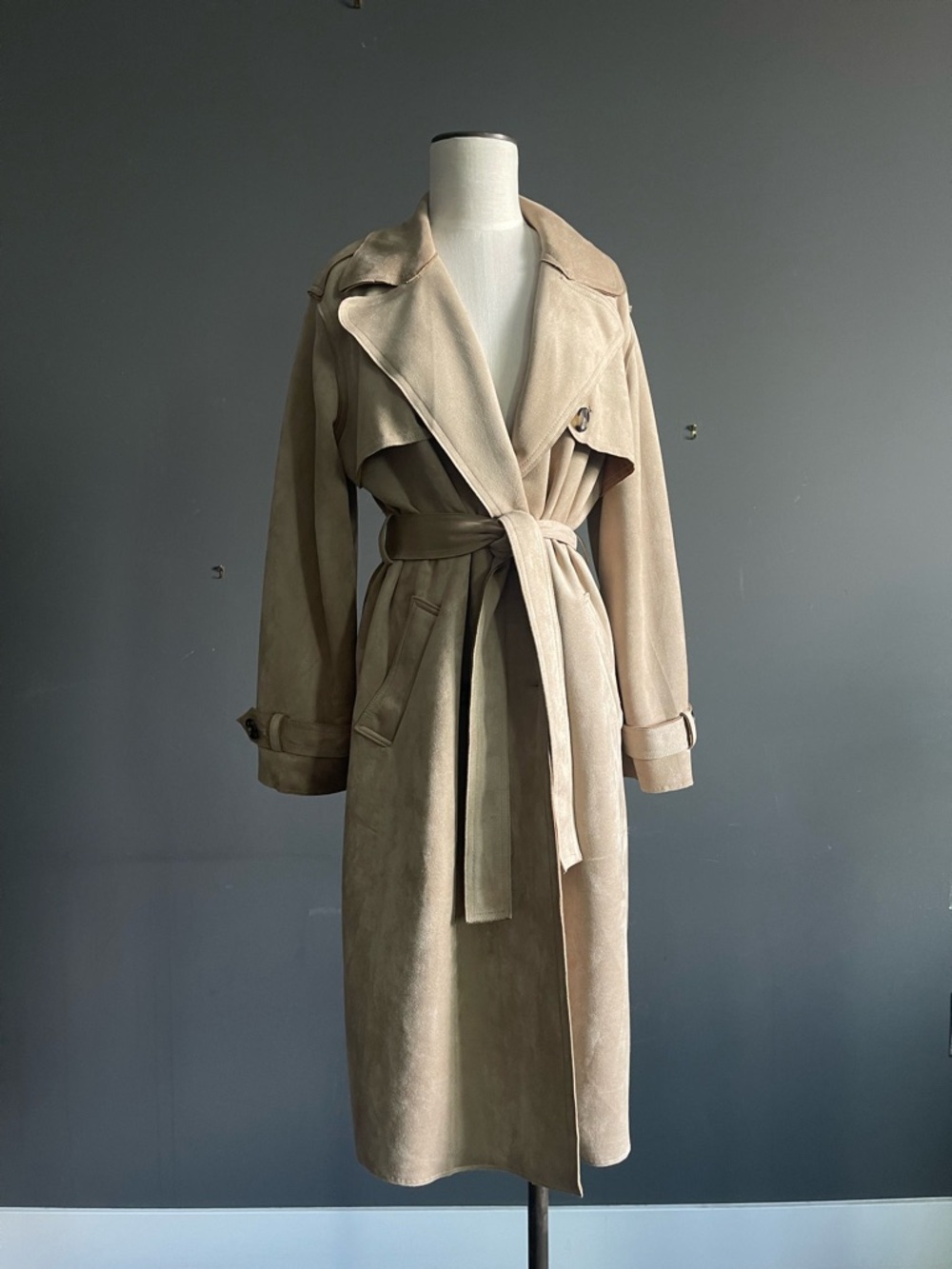 Taupe Faux Suede Trench Coat Minimal Quiet Luxury Belted Duster Soft French Chic